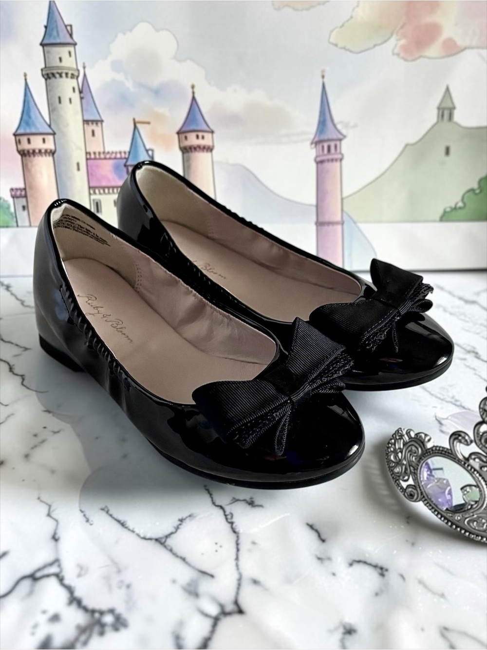 Riley & Bloom Bow Flats Black Patent Shiny Girls Size 1 EUC